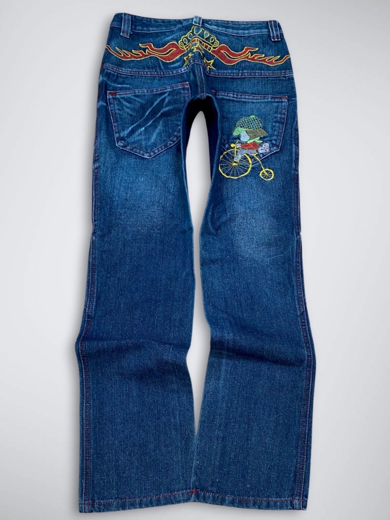 Japanese Archive Style Mid Rise Embroidered Flame & Crown Jeans